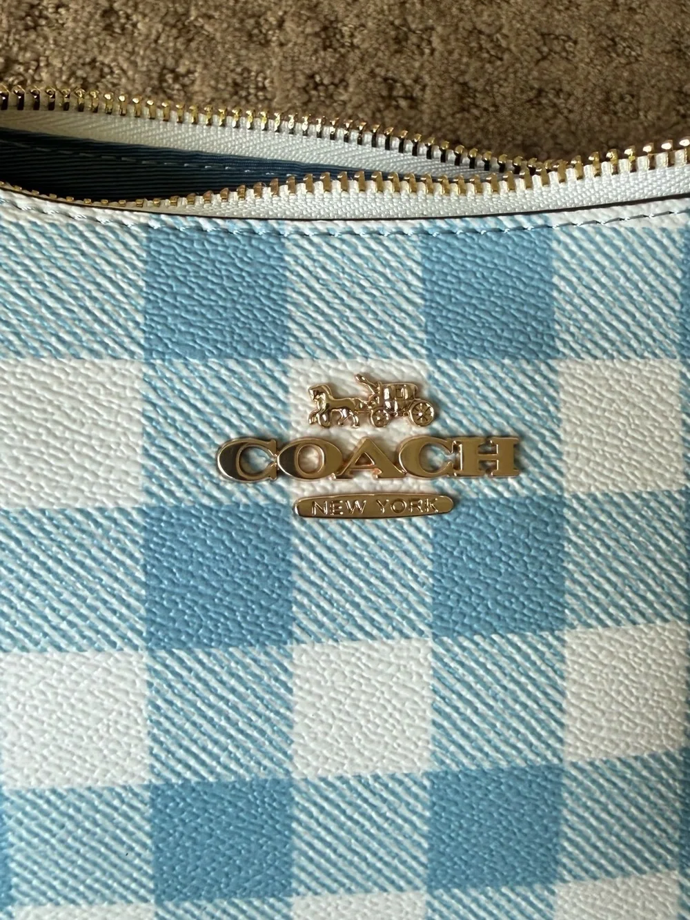 NWOT Coach Teri Shoulder Bag Gingham Print Jacquard Blue CES65 Crossbody